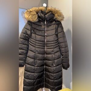 Kenneth Cole  New York Women's Black Puffer Coat with Faux Fur Hood